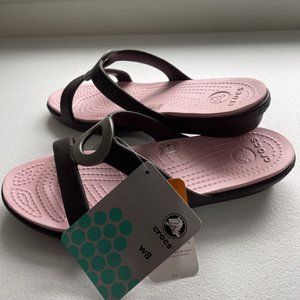 NEW Crocs Womens Sanrah Sandals Brown (Espresso)/Pink Slip On Wedge - Size 8